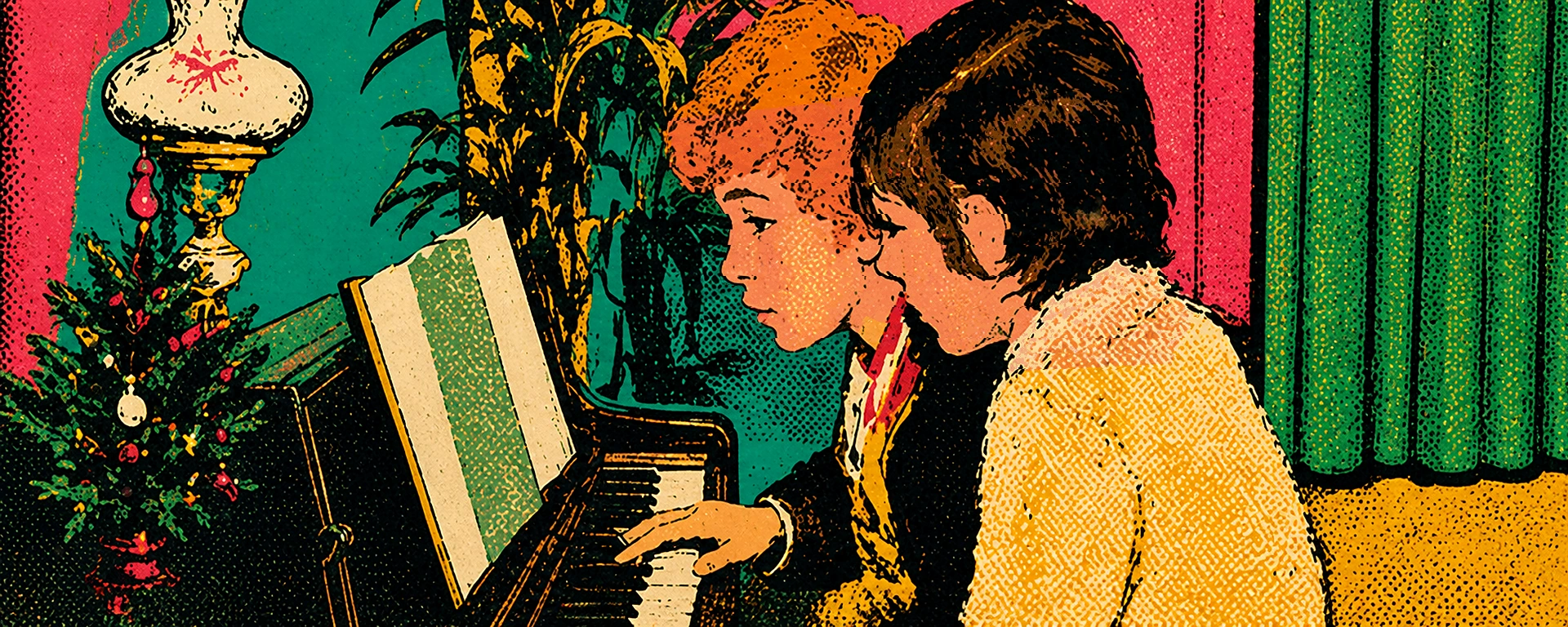 Animated pop-art scene of two young piano students and a playful black cat